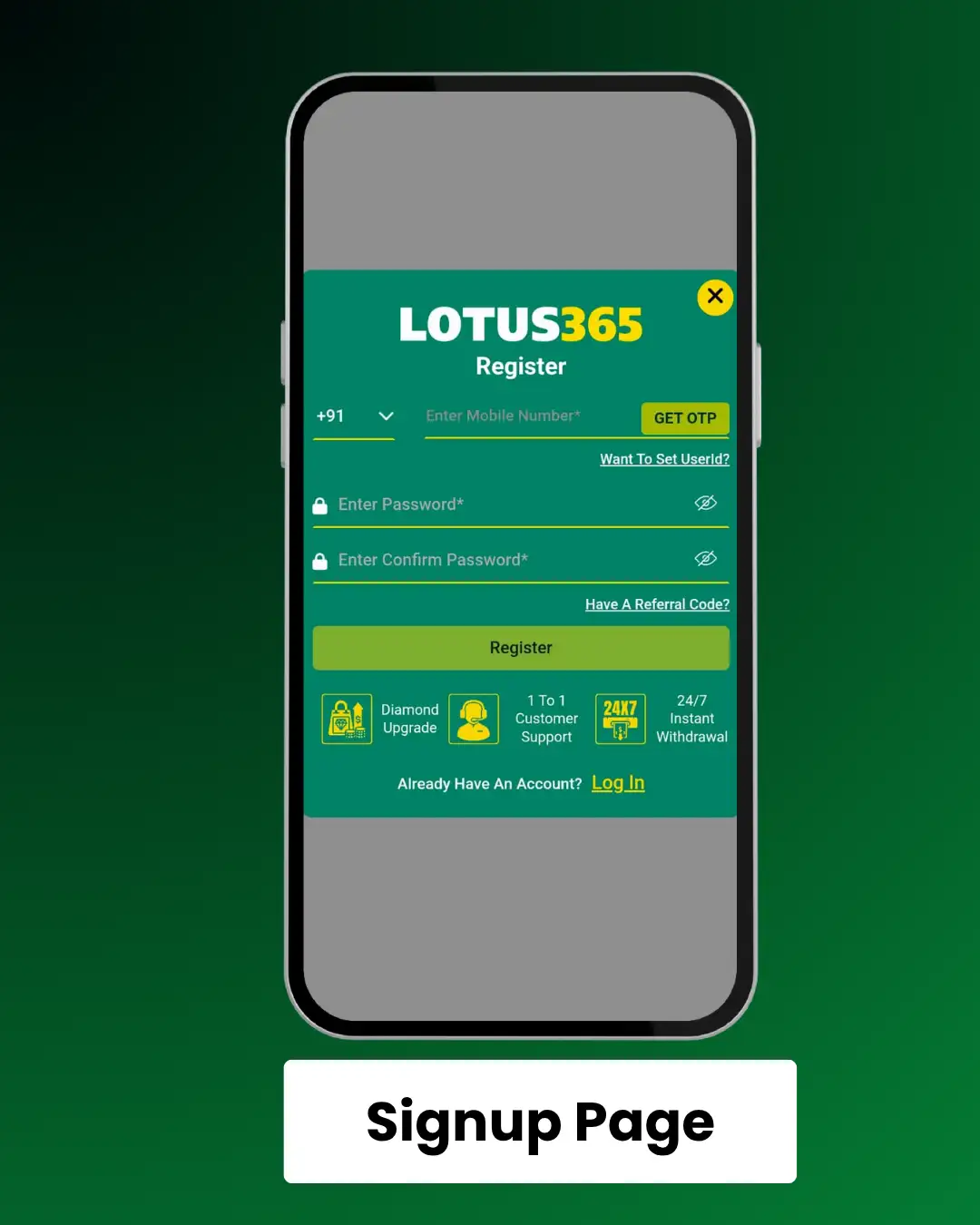 Lotus365 Signup page